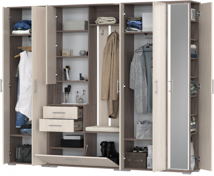 Прихожая Домино 6, цвет бодега тёмный/бодега светлый, ШхГхВ 248х36х202 см., универсальная сборка