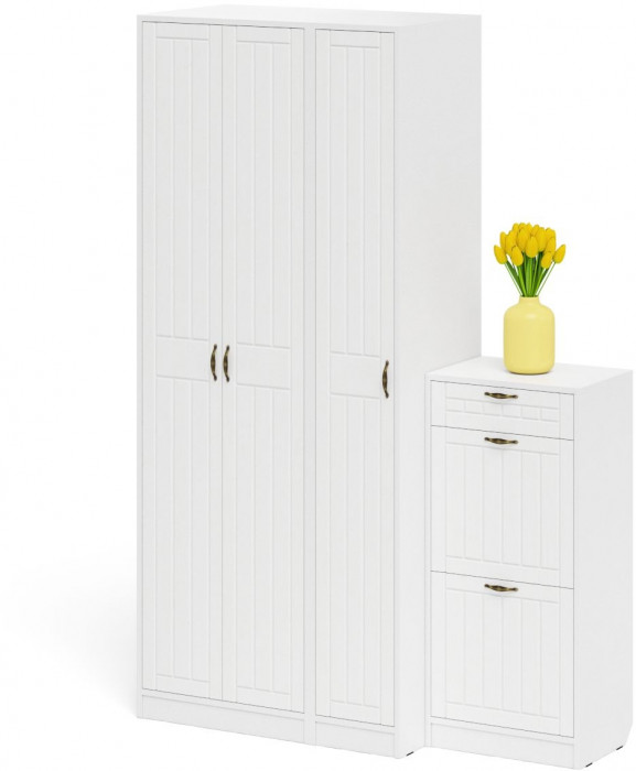 Прихожая П-6 Компоновка № 48, цвет белая шагрень/фасады МДФ белое дерево фрезеровка прованс, ШхГхВ 140х50х210 см., универсальная сборка