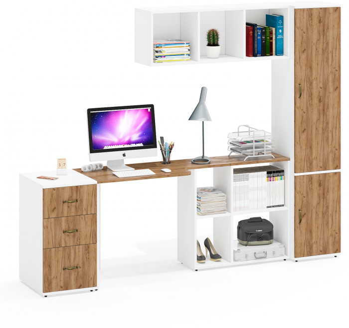 Лидер-8 Стол + Полка + Тумба МД 3.16 + Пенал МД 21Б, белый шагрень/крафт золото