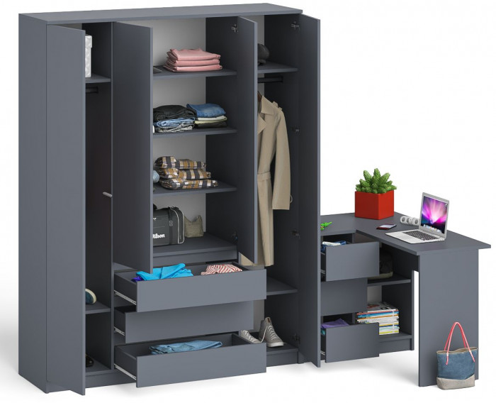 Мори Стол компьютерный МС-16 левый + Шкаф МШ1600.1, цвет графит, ШхГхВ 284,8х84,9х209,6 см., выдвижные ящики слева, НЕ универсальная сборка