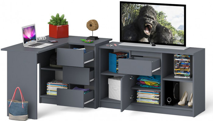 Мори Стол компьютерный МС-16 правый + Тумба МТВ1204.1, цвет графит, ШхГхВ 244,8х84,9х76,6 см., выдвижные ящики справа, НЕ универсальная сборка