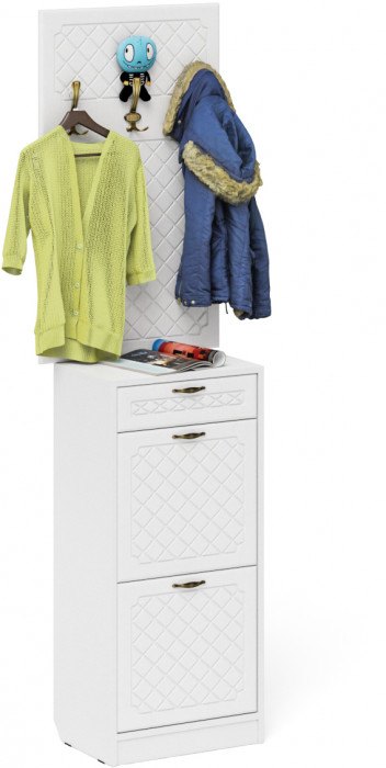 Прихожая П-6 Тумба для обуви 2 секции + Вешалка, белая шагрень/фасады МДФ белое дерево фрезеровка ромб