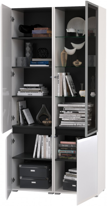 Сидней 13.200 Шкаф + Шкаф-витрина 13.201, корпус: белый/чёрный/фасады: МДФ белый глянец/стекло