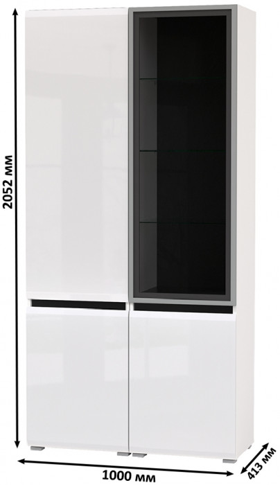 Сидней 13.200 Шкаф + Шкаф-витрина 13.201, корпус: белый/чёрный/фасады: МДФ белый глянец/стекло