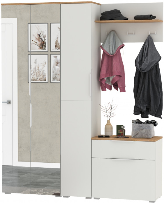 Октава Прихожая 22, цвет белый шагрень/дуб крафт золотой/фасады МДФ белый шагрень, ШхГхВ 161,5х35,4х197,6 см., универсальная сборка