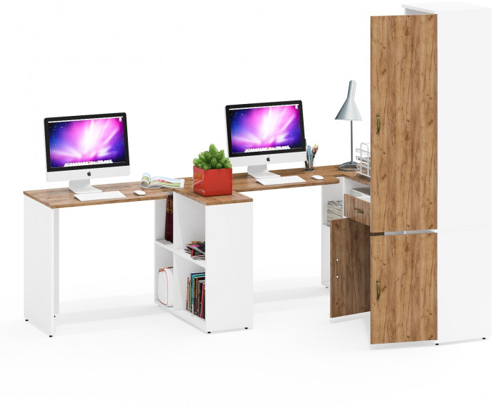 Лидер-8 Стол + Стол + Пенал МД 22Б + Тумба МД 3.15, белый шагрень/крафт золото