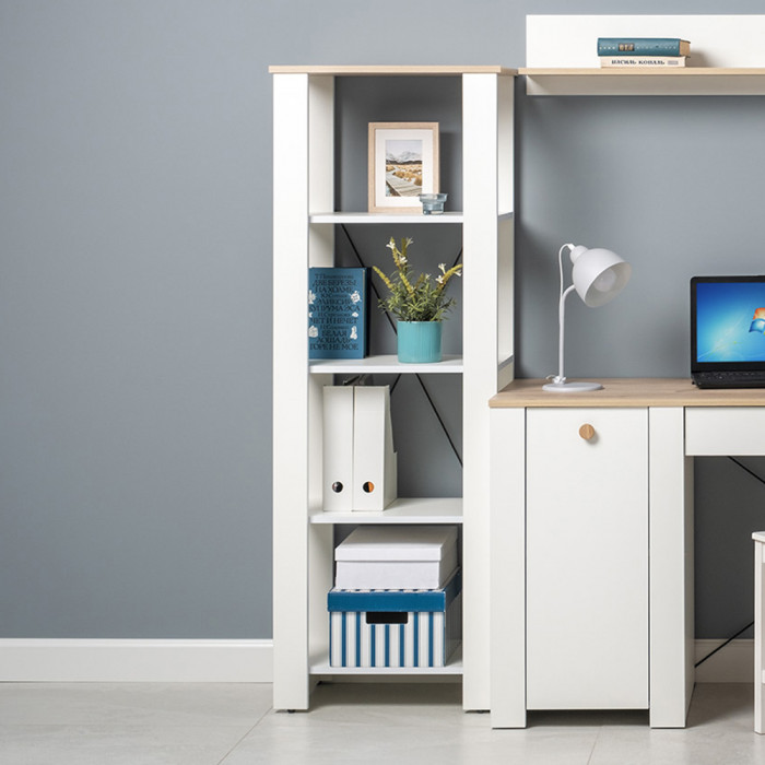 Джастин 13.354 Стеллаж открытый, цвет белый шагрень/дуб белый эксклюзив, ШхГхВ 54,8х38,9х153 см., регулируемые опоры