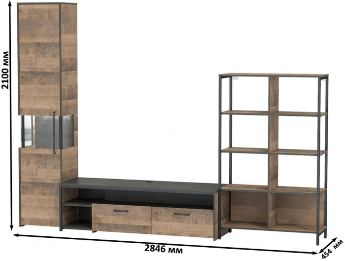 Трувор Гостиная 016, цвет дуб гранж песочный/интра, ШхГхВ 284,6х45,4х210 см., универсальная сборка