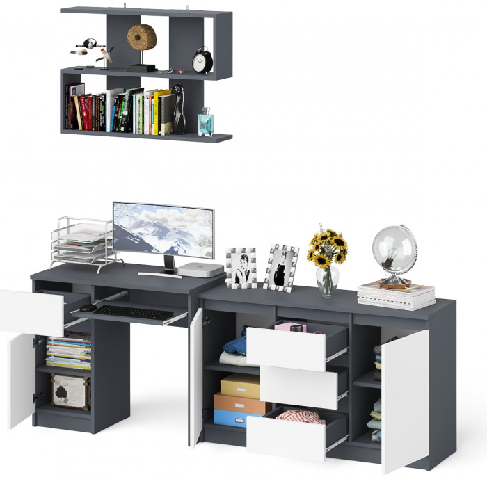 Мори Стол компьютерный МС-1 левый + Комод МК1200.3 + Полка 900, цвет графит/белый, ШхГхВ 210,4х50х209,6 см., НЕ универсальная сборка