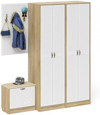 Прихожая П-6 Компоновка № 09, дуб сонома/фасады МДФ белое дерево фрезеровка ромб