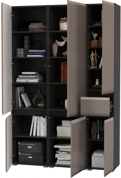 Сидней 13.200 Шкаф 2 штуки + Шкаф с ящиком 13.202, корпус: антрацит/фасады: МДФ веллюто капучино
