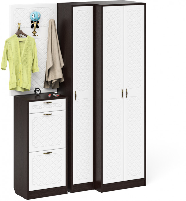 Прихожая П-6 Компоновка № 30, цвет венге/фасады МДФ белое дерево фрезеровка ромб, ШхГхВ 150х50х210 см., универсальная сборка