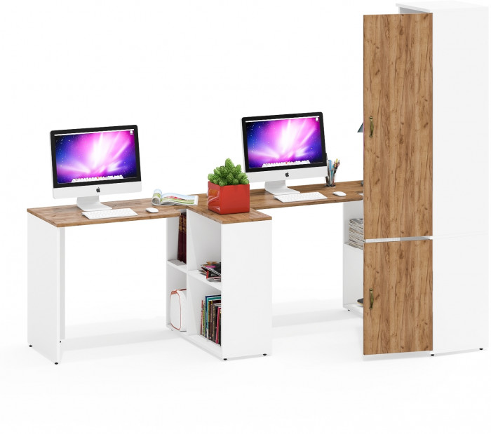 Лидер-8 Стол + Стол + Пенал МД 22Б, цвет белый шагрень/крафт золото, ШхГхВ 370х50/37,5х75/190 или 230х120/50х75/190 см., НЕ универсальная сборка