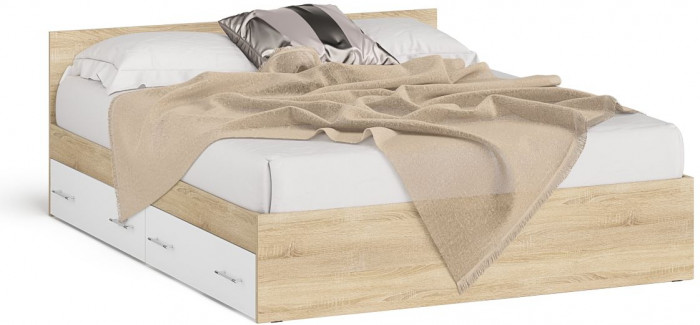 Мори Кровать с ящиками 1600, цвет дуб сонома/белый, ШхГхВ 163,5х203,5х70 см., сп.м. 1600х2000 мм., без матраса, основание есть