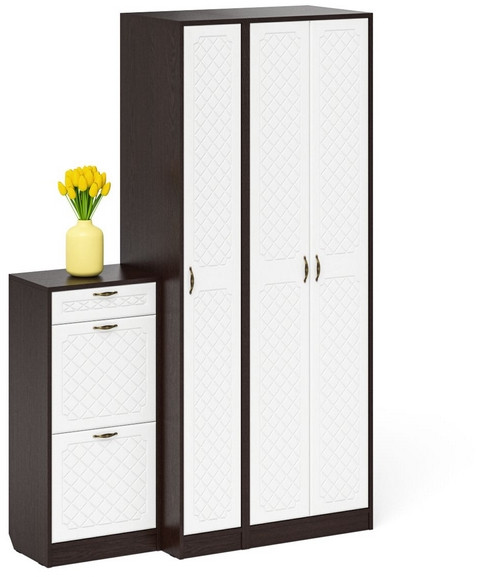 Прихожая П-6 Компоновка № 48, цвет венге/фасады МДФ белое дерево фрезеровка ромб, ШхГхВ 140х50х210 см., универсальная сборка