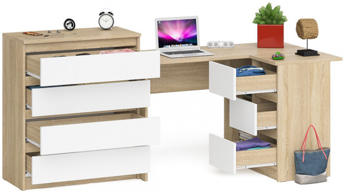 Мори компьютерный стол МС-16 правый + Комод МК800.4, дуб сонома/белый