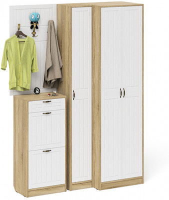 Прихожая П-6 Компоновка № 30, дуб сонома/фасады МДФ белое дерево фрезеровка прованс