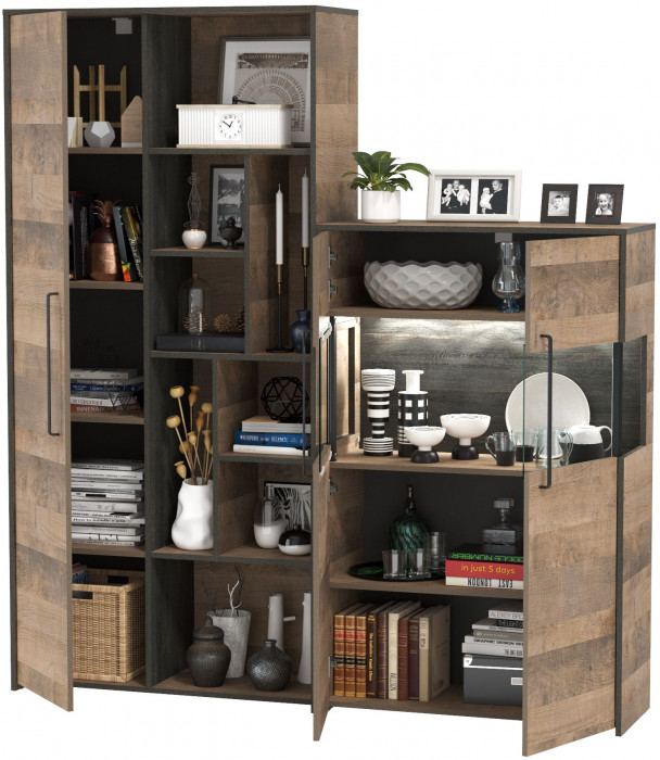 Трувор 13.206 Шкаф-стеллаж + 13.306 Комод с витриной, дуб гранж песочный/интра