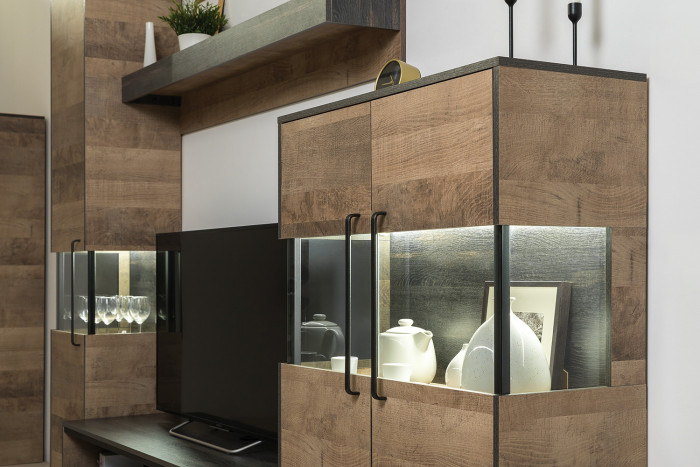 Трувор 13.206 Шкаф-стеллаж + 13.306 Комод с витриной, дуб гранж песочный/интра