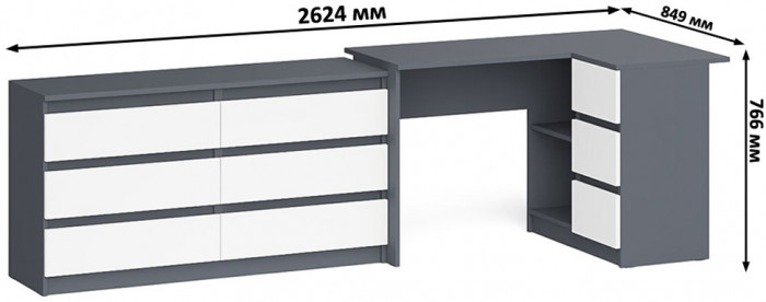 Мори компьютерный стол МС-16 правый + Комод МК1380.6, графит/белый