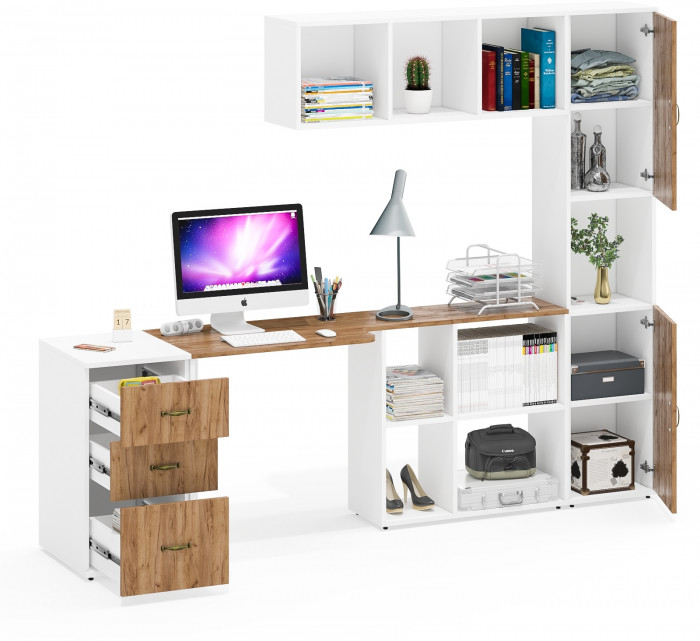 Лидер-8 Стол + Полка + Тумба МД 3.16 + Пенал, белый шагрень/крафт золото