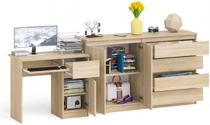 Мори компьютерный стол МС-1 правый + Комод МК1600.1, дуб сонома