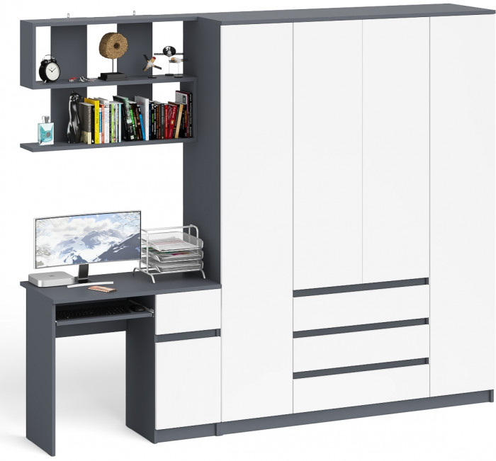 Мори компьютерный стол МС-1 правый + Шкаф МШ1600.1 + Полка 900, графит/белый