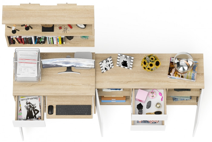 Мори Стол компьютерный МС-1 левый + Комод МК1200.3 + Полка 900, цвет дуб сонома/белый, ШхГхВ 210,4х50х209,6 см., НЕ универсальная сборка