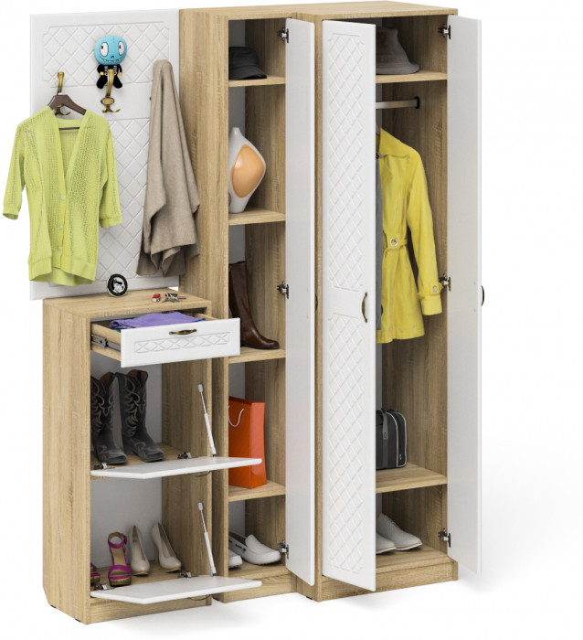 Прихожая П-6 Компоновка № 30, дуб сонома/фасады МДФ белое дерево фрезеровка ромб