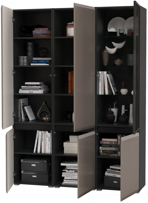 Сидней 13.200 Шкаф 2 штуки + Шкаф-витрина 13.201, корпус: антрацит/фасады: МДФ веллюто капучино/стекло