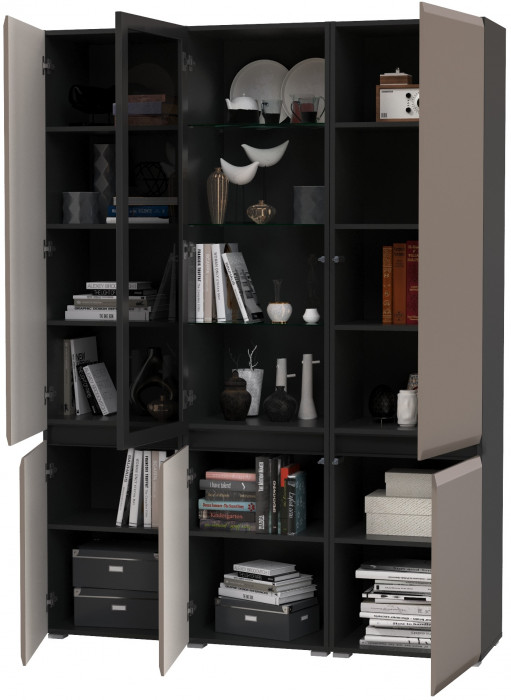 Сидней 13.200 Шкаф 2 штуки + Шкаф-витрина 13.201, корпус: антрацит/фасады: МДФ веллюто капучино/стекло