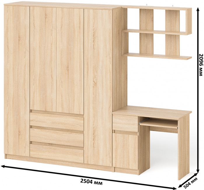 Мори компьютерный стол МС-1 левый + Шкаф МШ1600.1 + Полка 900, дуб сонома