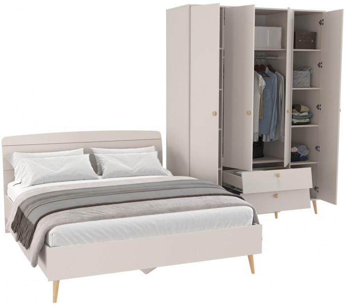 Афина Спальня Кровать 1600 + Шкаф 4-х дверный, цвет кашемир серый, ШхГхВ 164,6х210,2х95,6 + 160х56,3х220 см., сп.м. 1600х2000 мм., б/м, осн. есть