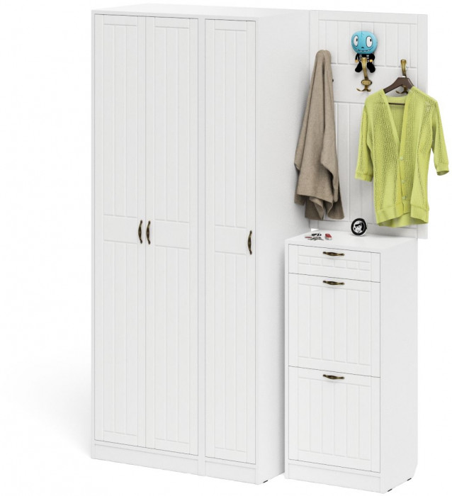 Прихожая П-6 Компоновка № 50, цвет белая шагрень/фасады МДФ белое дерево фрезеровка прованс, ШхГхВ 150х50х210 см., универсальная сборка