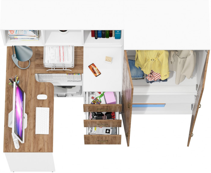 Лидер-8 Стол + Полка + Тумба МД 3.16 + Шкаф МД 19Б, белый шагрень/крафт золото