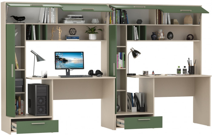 Лайт Стол письменный 03.243Н + Лайт Стол письменный 03.243Н, цвет сатин/дымчатый зелёный, ШхГхВ 300,4х57,3х179,9 см., НЕ универсальная сборка