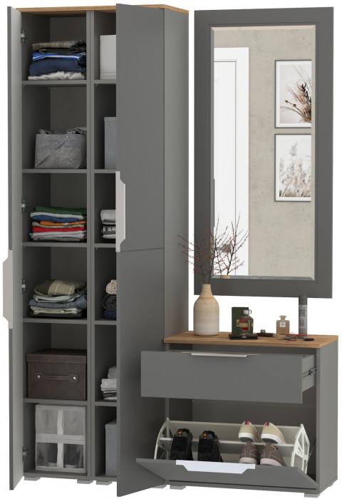 Октава Прихожая 43, цвет серый графит/дуб крафт золотой/фасады МДФ серый графит, ШхГхВ 129,3х35,4х197,6 см., универсальная сборка