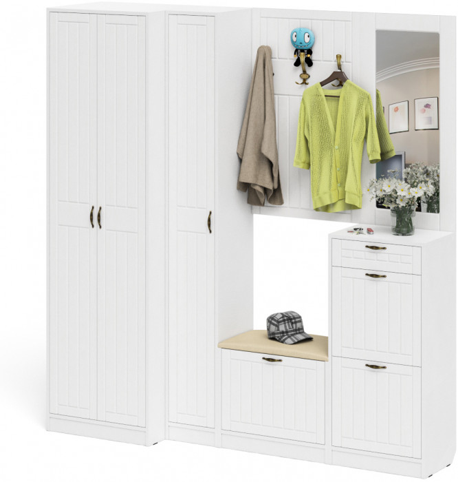 Прихожая П-6 Компоновка № 31, белая шагрень/фасады МДФ белое дерево фрезеровка прованс