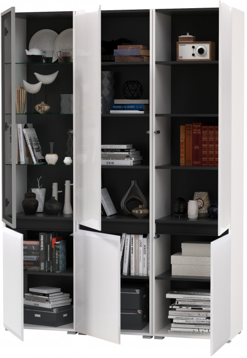 Сидней 13.200 Шкаф 2 штуки + Шкаф-витрина 13.201, корпус: белый/чёрный/фасады: МДФ белый глянец/стекло