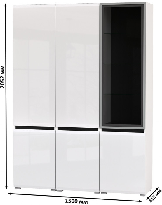 Сидней 13.200 Шкаф 2 штуки + Шкаф-витрина 13.201, корпус: белый/чёрный/фасады: МДФ белый глянец/стекло