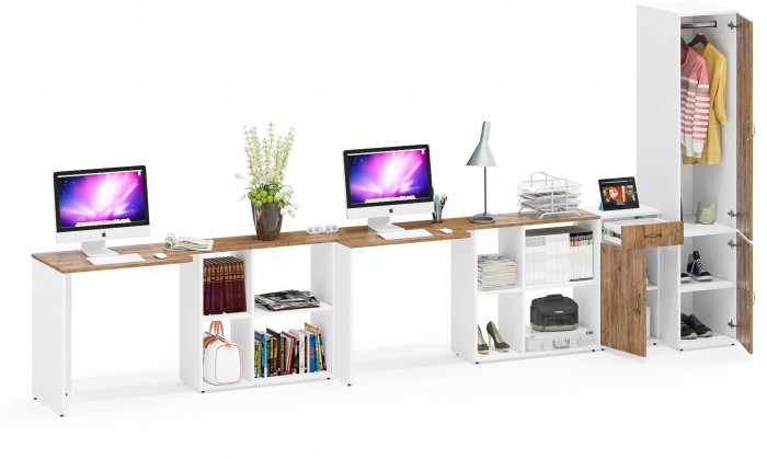 Лидер-8 Стол + Стол + Пенал МД 23Б + Тумба МД 3.15, белый шагрень/крафт золото