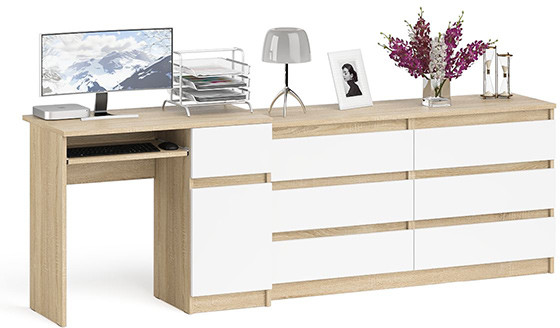 Мори компьютерный стол МС-1 правый + Комод МК1380.6, дуб сонома/белый