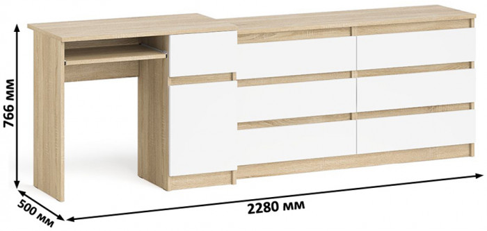 Мори компьютерный стол МС-1 правый + Комод МК1380.6, дуб сонома/белый