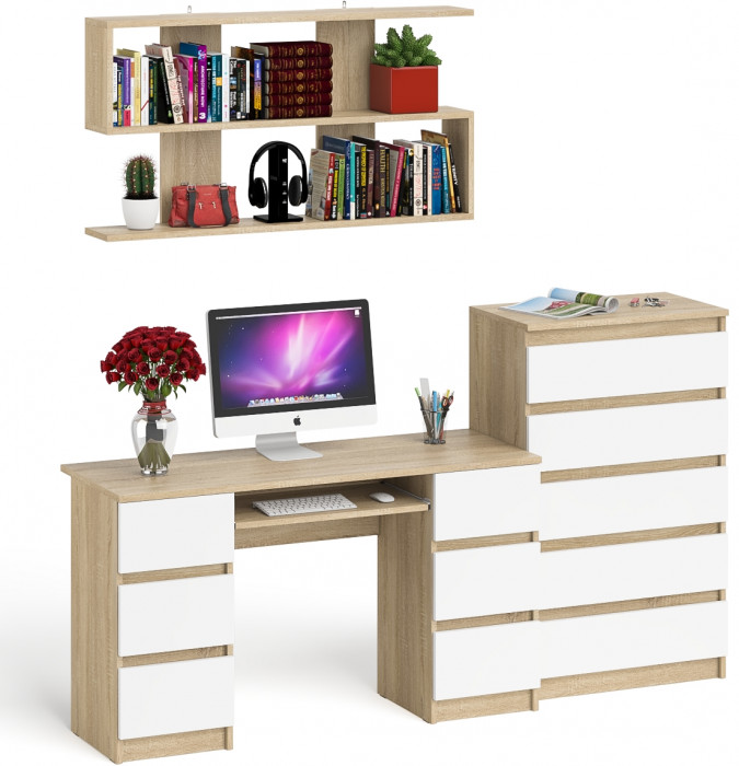 Мори компьютерный стол МС-2 + Комод МК700.5 + Полка 1200, дуб сонома/белый