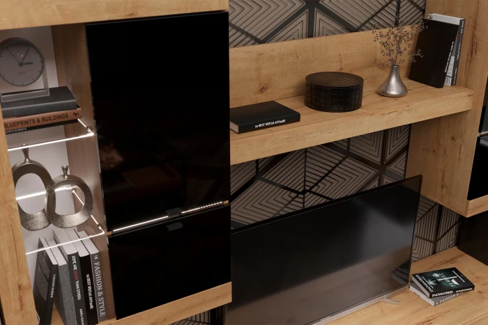 Прага Модульная Гостиная, вариант №3, Дуб Вотан/Черный глянец