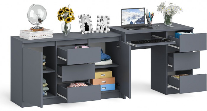 Мори Стол компьютерный МС-6 правый + Комод МК1200.3, цвет графит, ШхГхВ 210,4х50х76,6 см., выдвижные ящики справа, НЕ универсальная сборка