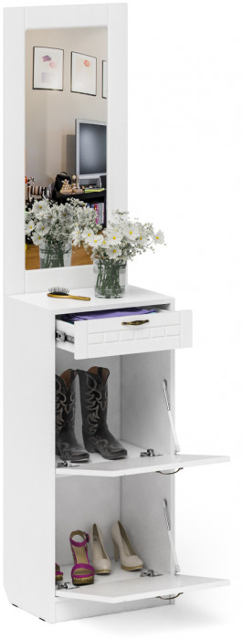 Прихожая П-6 Тумба для обуви 2 секции + Зеркало, белая шагрень/фасады МДФ белое дерево фрезеровка прованс