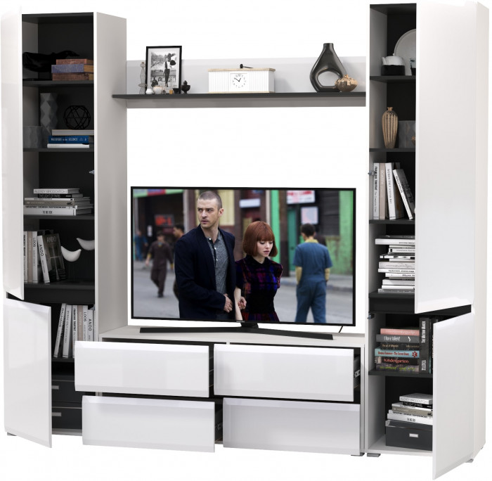 Сидней Комплектация № 047, корпус белый/чёрный/фасады МДФ белый глянец