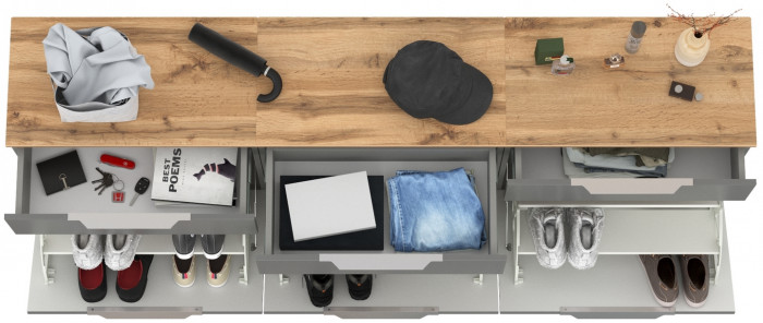 Октава 16.127 Тумба для обуви + 16.127 Тумба + 16.127 Тумба, серый графит/дуб крафт золотой/фасады МДФ серый графит