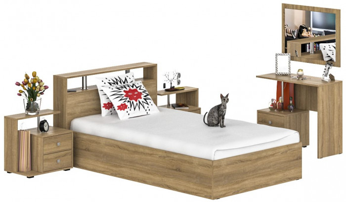 Камелия спальня № 6 Кровать 1200 + Две тумбы + Стол косметический + Зеркало, дуб сонома